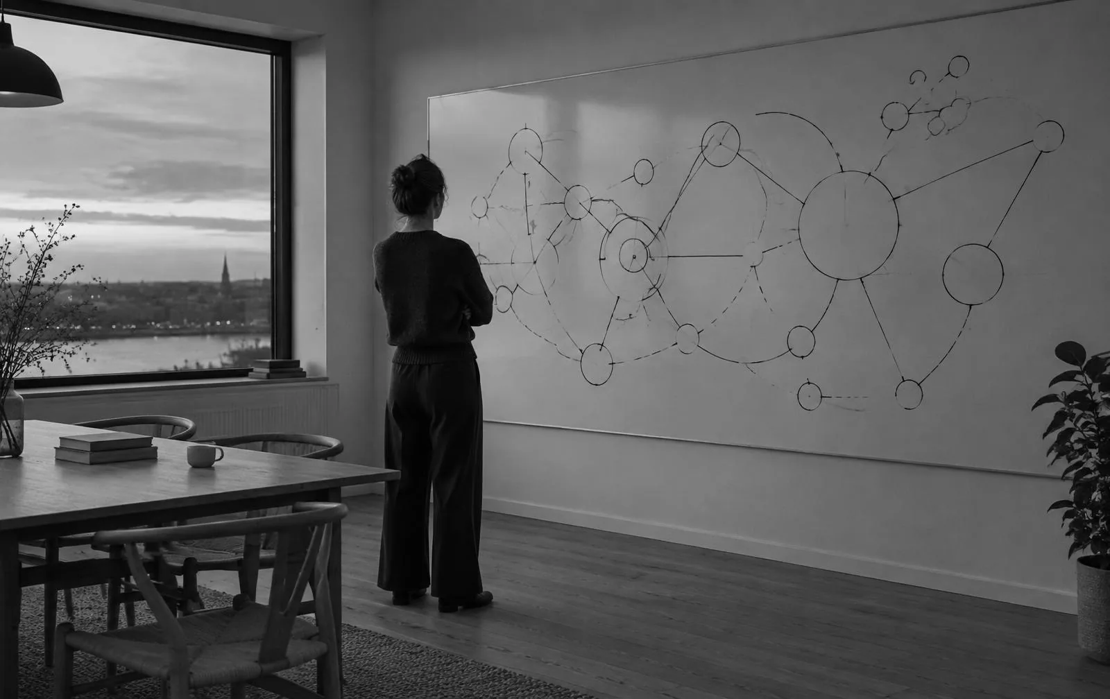 Sort-hvidt billede af en person set bagfra, der studerer et håndtegnet diagram af forbundne cirkler på en tavle