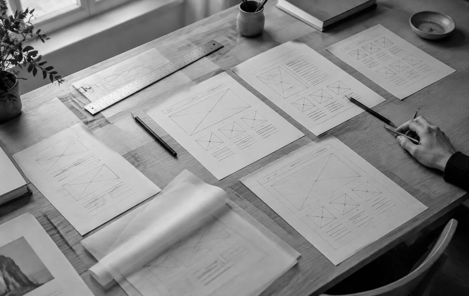 Sort-hvidt billede af et arbejdsbord med papirskitser af hjemmesidelayouts, lineal og blyanter